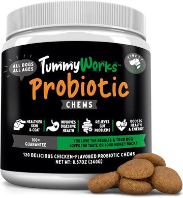 TummyWorks Probiotic 120 Soft Chews for Dogs All Ages - Supports Digestive Health, Relieves Diarrhea, Constipation, Good for Itching, Allergies, Yeast Infections. Added Digestive Enzymes, Made in USA