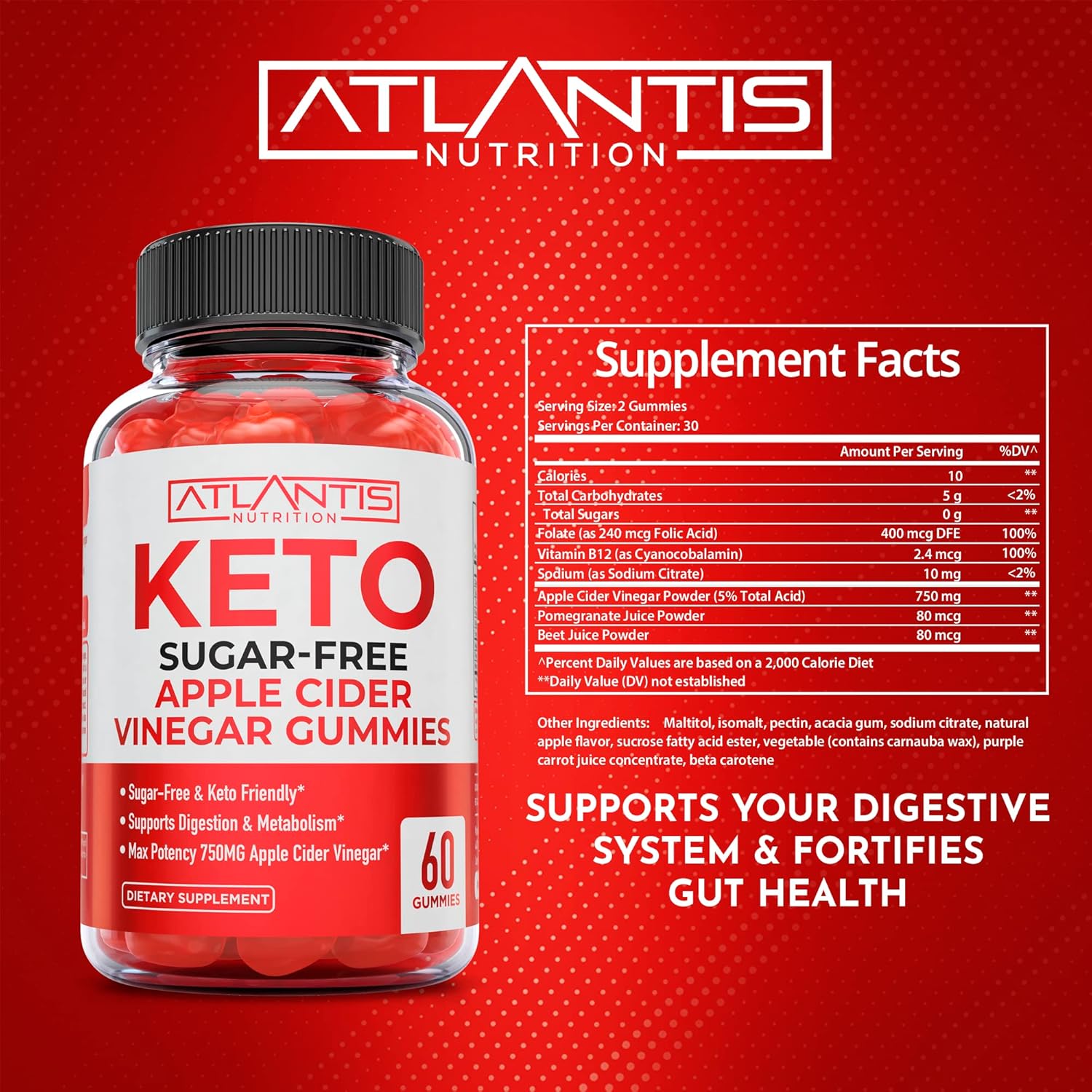 Atlantis Nutrition Sugar-Free Keto Acv Gummies For Weight Loss - Apple Cider Vinegar Gummies Formulated With 750Mg Acv Per Serving - Supports Digestion, Weight Loss, Detox & Cleansing - 60 Count : Health & Household