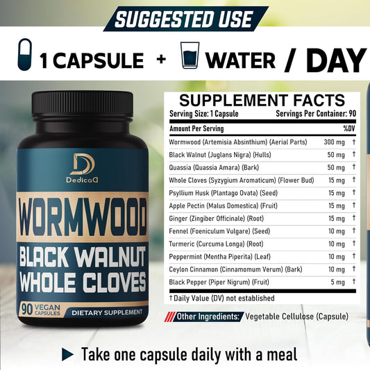 12In1 Wormwood Black Walnut Clove Capsules - Digestive, Immune, And Mood Support - 3 Month Supply - 90 Vegan Capsules