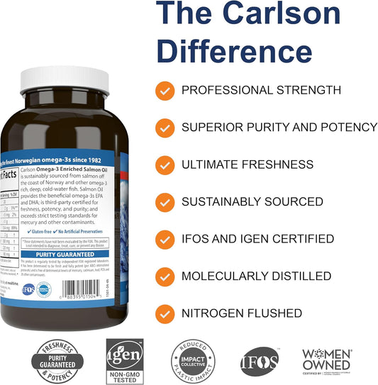 Carlson - Norwegian Salmon Oil, 500 Mg Omega-3S, Norwegian Salmon Oil Supplement, Wild Caught Omega 3 Salmon Oil Capsules, Sustainably Sourced, Brain, Heart & Joint Health, 180+50 Softgels