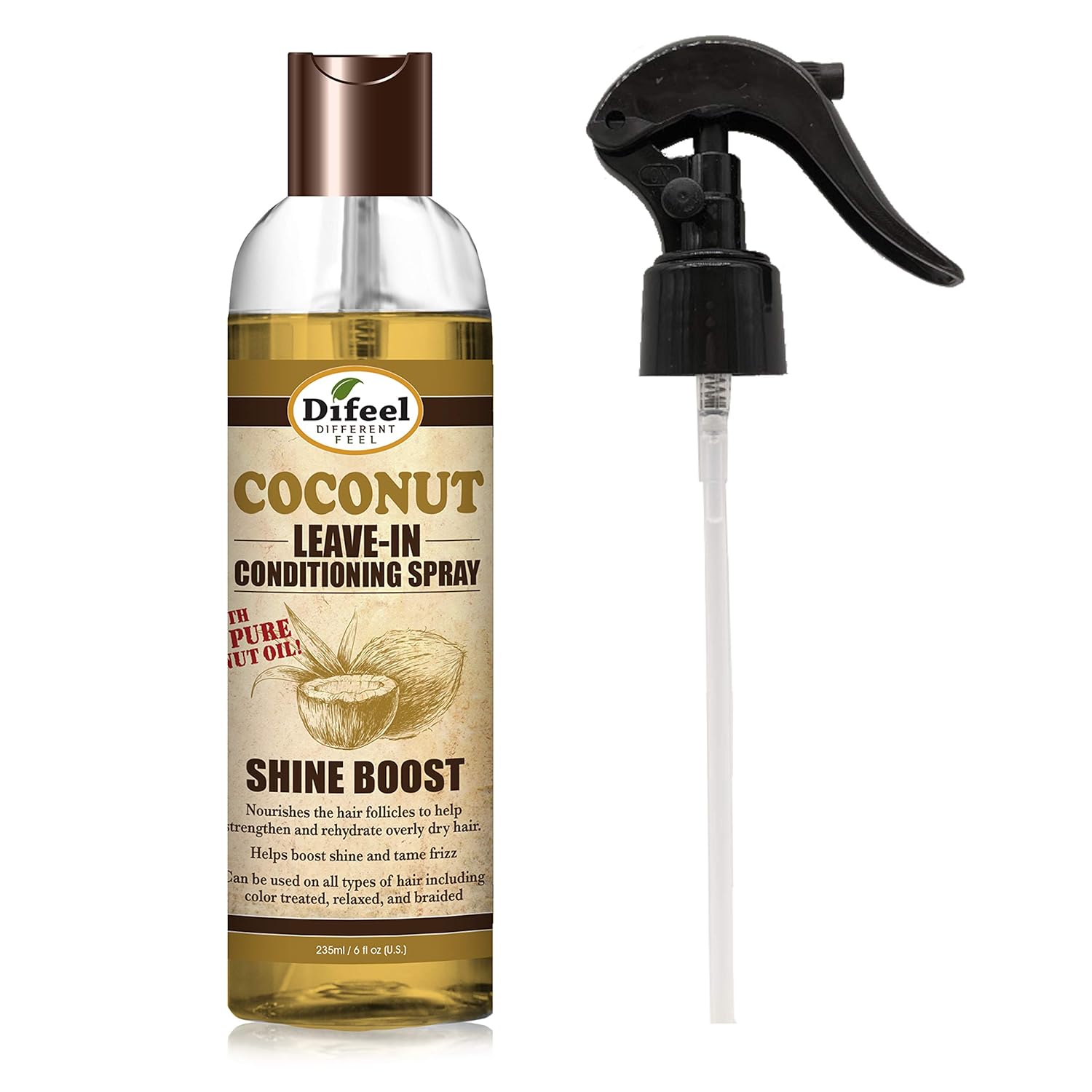 Difeel Shine Boost Leave In Conditioning Treatment - 100% Pure Coconut Oil 6 Oz. With Spray Cap & Dispensing Cap