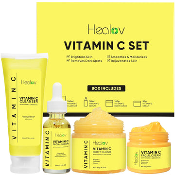 Vitamin C Skincare Set – Hydrating Facial Cleanser, Exfoliating Body Scrub, Face Cream & Anti Aging Serum – Vit C Reduces Dullness, Fine Lines, Wrinkles, Dark Circles – Travel Kit For Youthful Skin