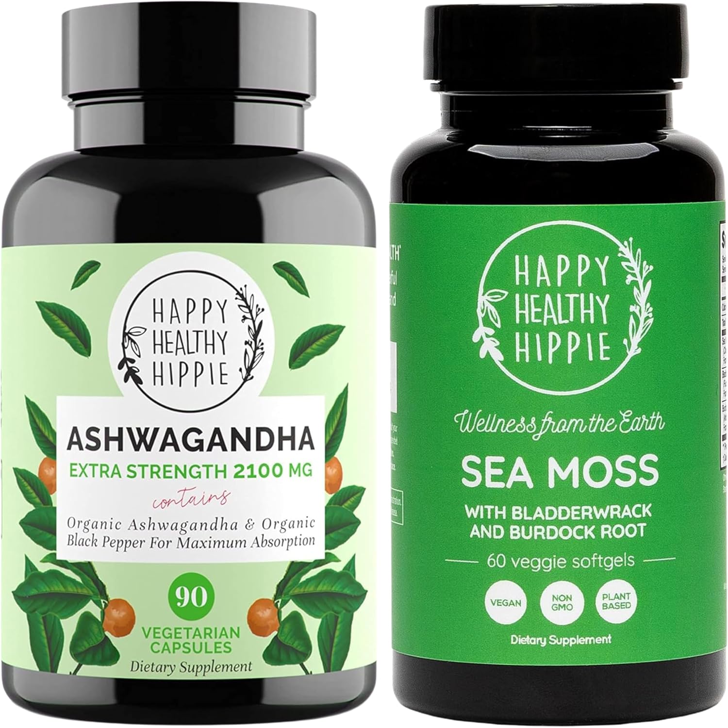 Happy Healthy Hippie Sea Moss Superfood Capsules & Organic Ashwagandha Stress Support Supplement Capsules