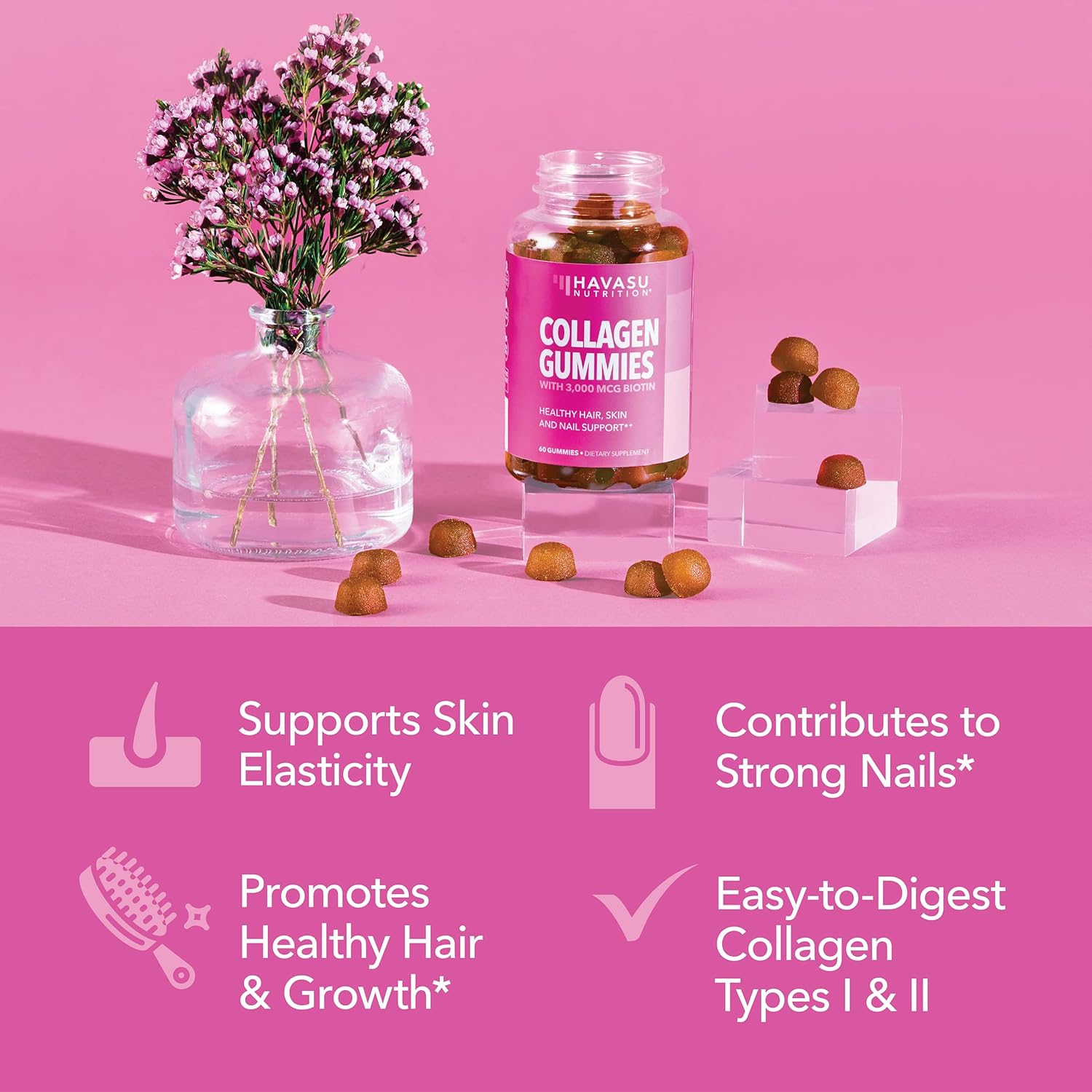 Collagen Gummies for Women - 2500mcg Biotin with Collagen, Zinc, Vitamin E & C - GLP1 Nutritional Support to Promote Hair Skin and Nail Health - Lemon Flavor, 60 Gummies - Non-GMO and Pectin-Based : Health & Household