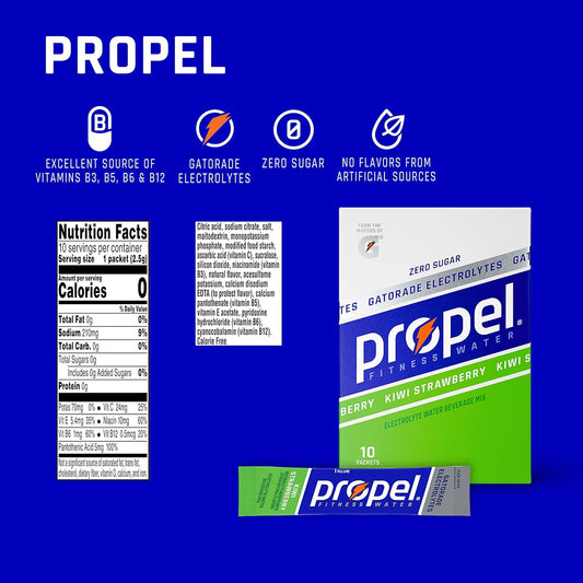 Propel Powder Packets, Kiwi Strawberry With Electrolytes, Vitamins And No Sugar, Pack Of 12, 10 Packets Each, Total 120 Packets (Packaging May Vary)