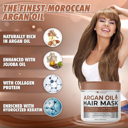 Moroccan Argan Oil Hair Mask - Deep Moisturizing Conditioner Treatment for Dry Damaged Frizzy and Color Treated Hair - Hydrating Product, Split End Moisturizer – Professional Salon Grade Products