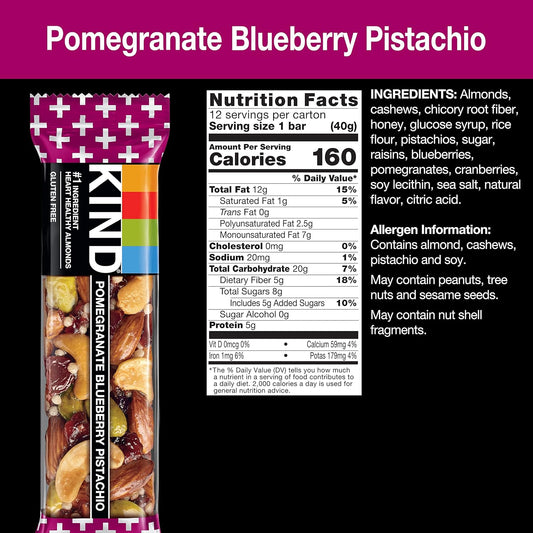 Kind Bars, Pomegranate Blueberry Pistachio, Healthy Snacks, Gluten Free, 5G Protein 12 Count