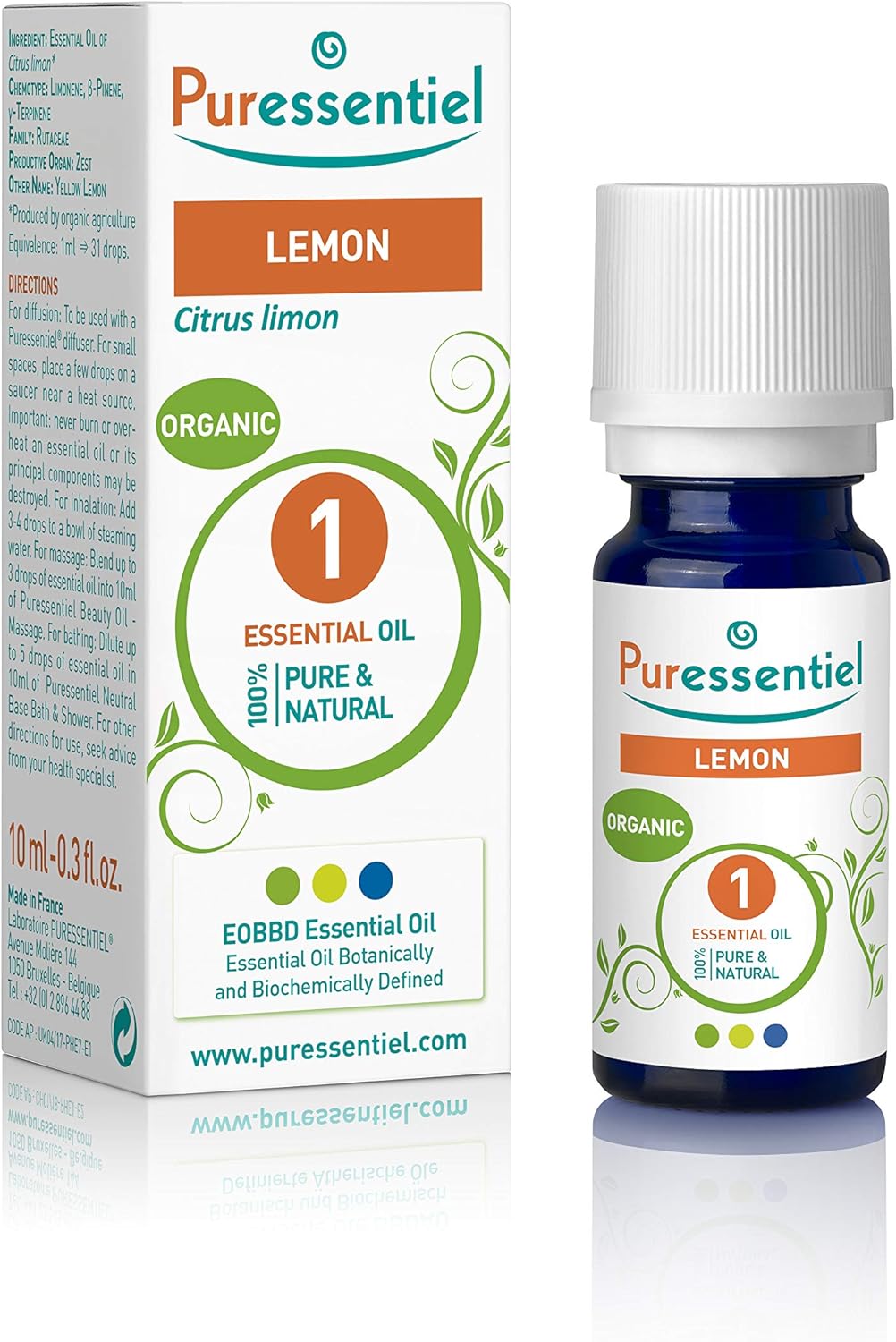Puressentiel Organic Lemon Essential Oil 10Ml - 100 % Pure & Natural, Vegan - Aromatherapy - Diffusion, Inhalation, Massage, Bath – Fresh & Fruity Scented Oil - Undiluted, Assured Traceability, Pack Of 1
