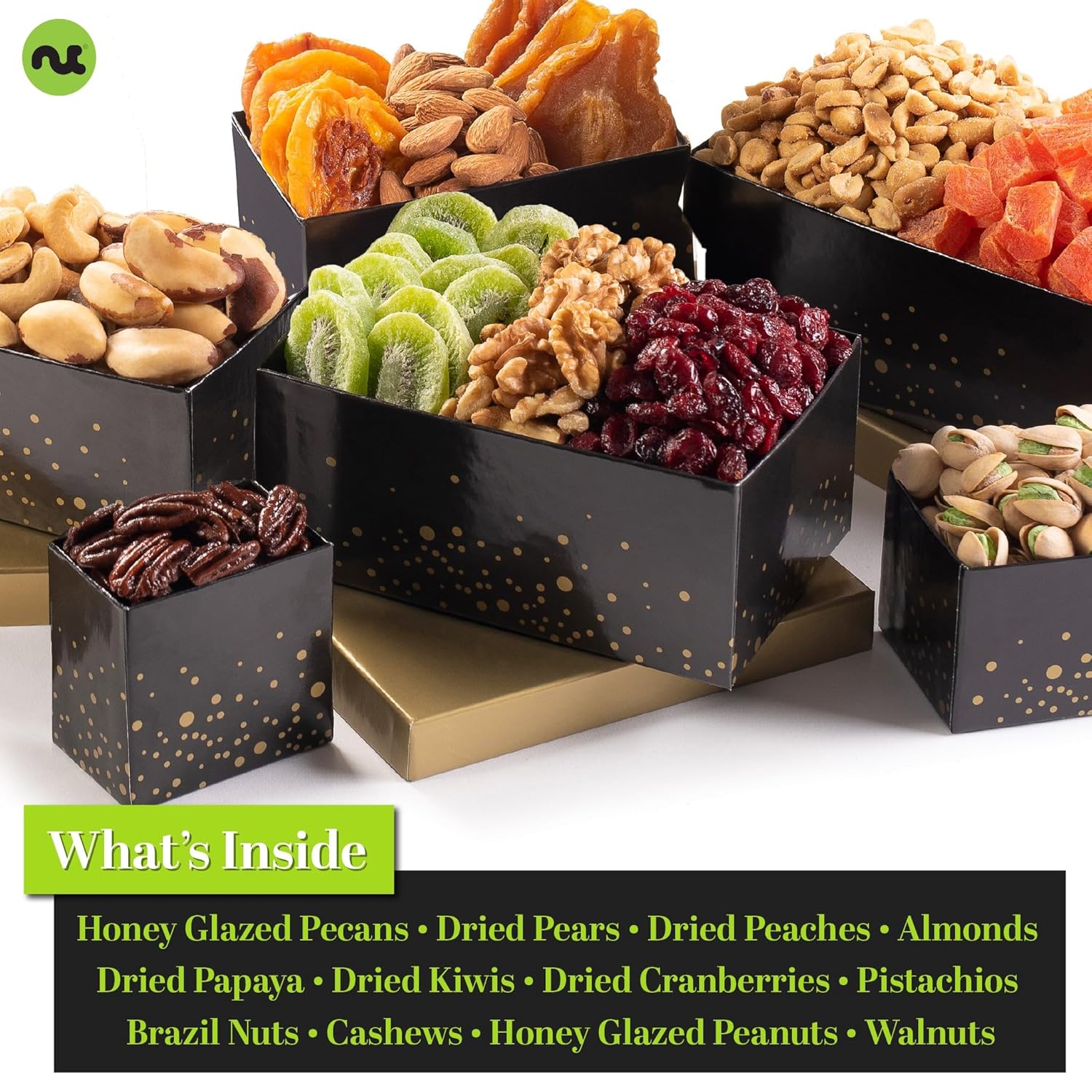 Nut Cravings Gourmet Collection - Dried Fruit & Mixed Nuts Gift Basket Black Tower + Ribbon (12 Assortments) Teacher Appreciation Arrangement Platter Bday Care Package Healthy Kosher