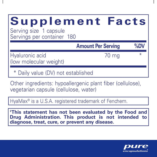 Pure Encapsulations Hyaluronic Acid - For Skin Hydration, Joint Lubrication & Joint Health* - Effective Absorption - Gluten Free - Vegan & Non-Gmo - 180 Capsules