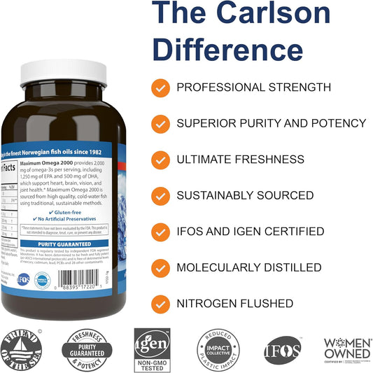 Carlson - Maximum Omega 2000, 2000 Mg Omega-3 Fatty Acids Including Epa And Dha, Wild-Caught, Norwegian Fish Oil Supplement, Sustainably Sourced Fish Oil Capsules, Lemon, 180 Softgels