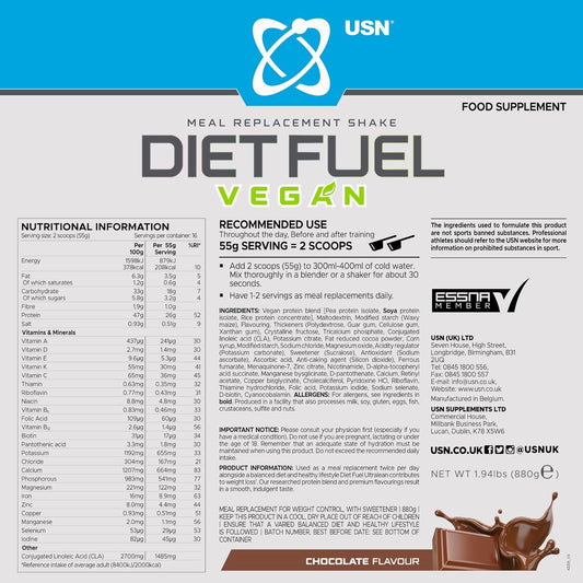 Usn Diet Fuel Vegan Chocolate 880G: Dairy Free Vegan Meal Replacement Shake & Vegan Protein Powders