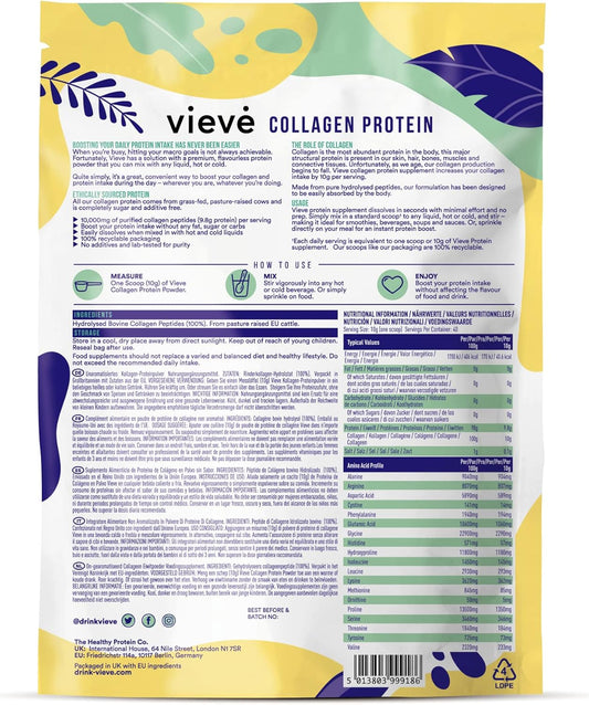 Vieve Collagen Protein Powder - Hydrolysed Bovine Peptides - Diet Support Supplement For Skin, Hair, Nail Health - Non-Gmo, Eu Grass-Fed, Pasture-Raised Cattle - No Dairy Or Sugar, Flavourless, 400G