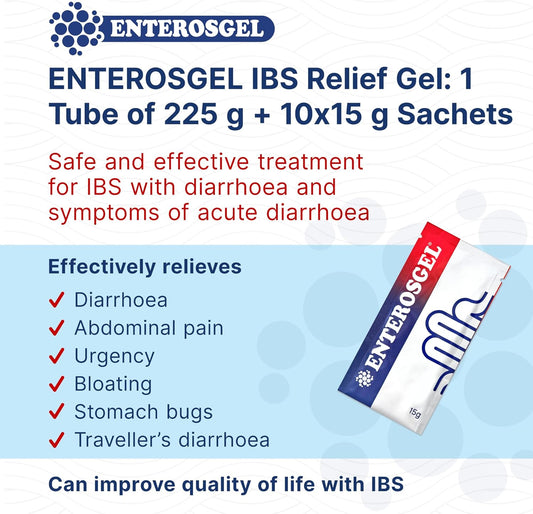 Enterosgel Ibs Relief Gel Starter Kit - Oral Intestinal Adsorbent For Acute Diarrhoea & Stomach Pain Relief, Bloating Relief & Trapped Wind Relief - 1 Tube Of 225 G + 10X15 G Sachets