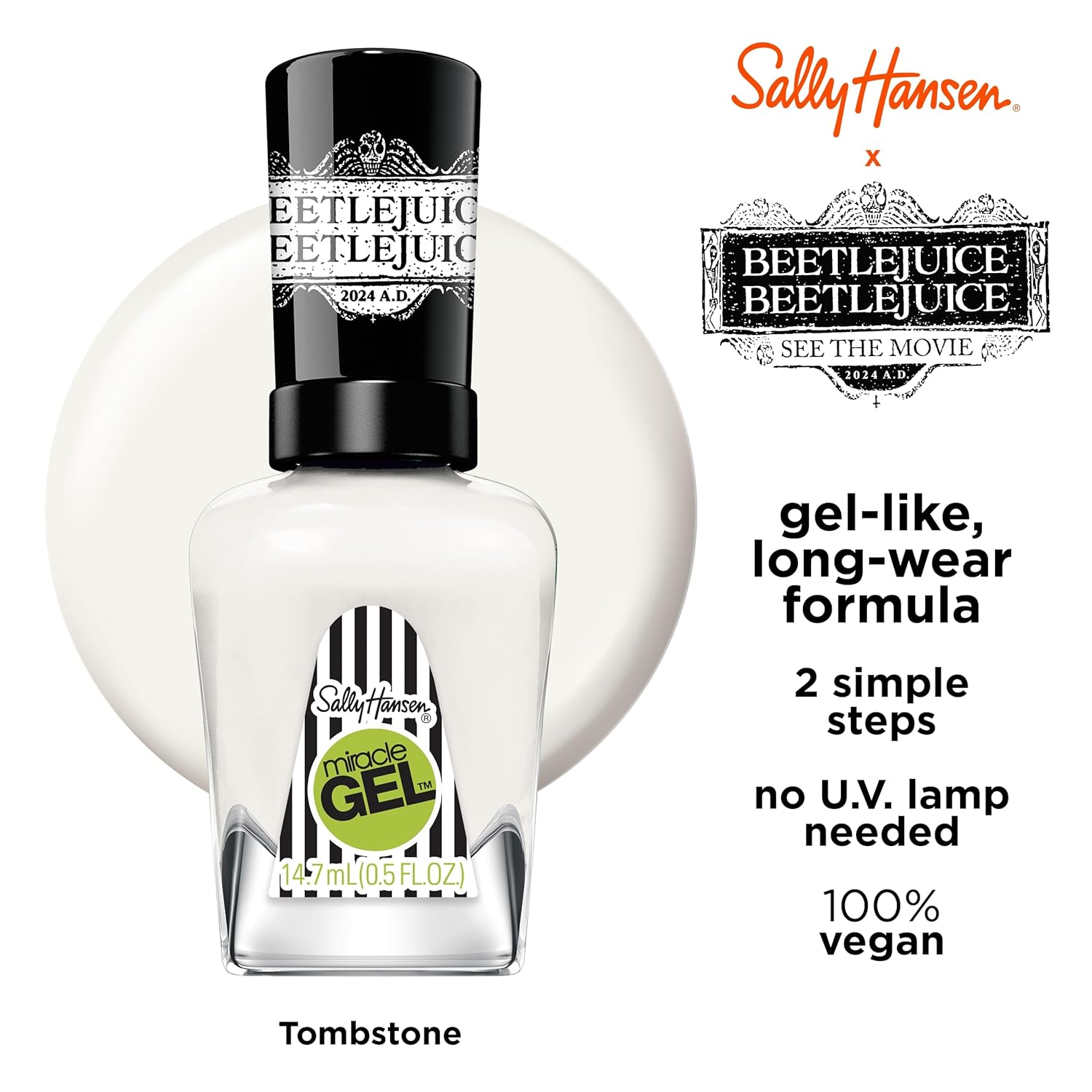 Sally Hansen Miracle Gel™, Beetlejuice Tombstone??, Long Lasting, Gel-Like Formula, No UV Lamp Needed, White Nail Polish