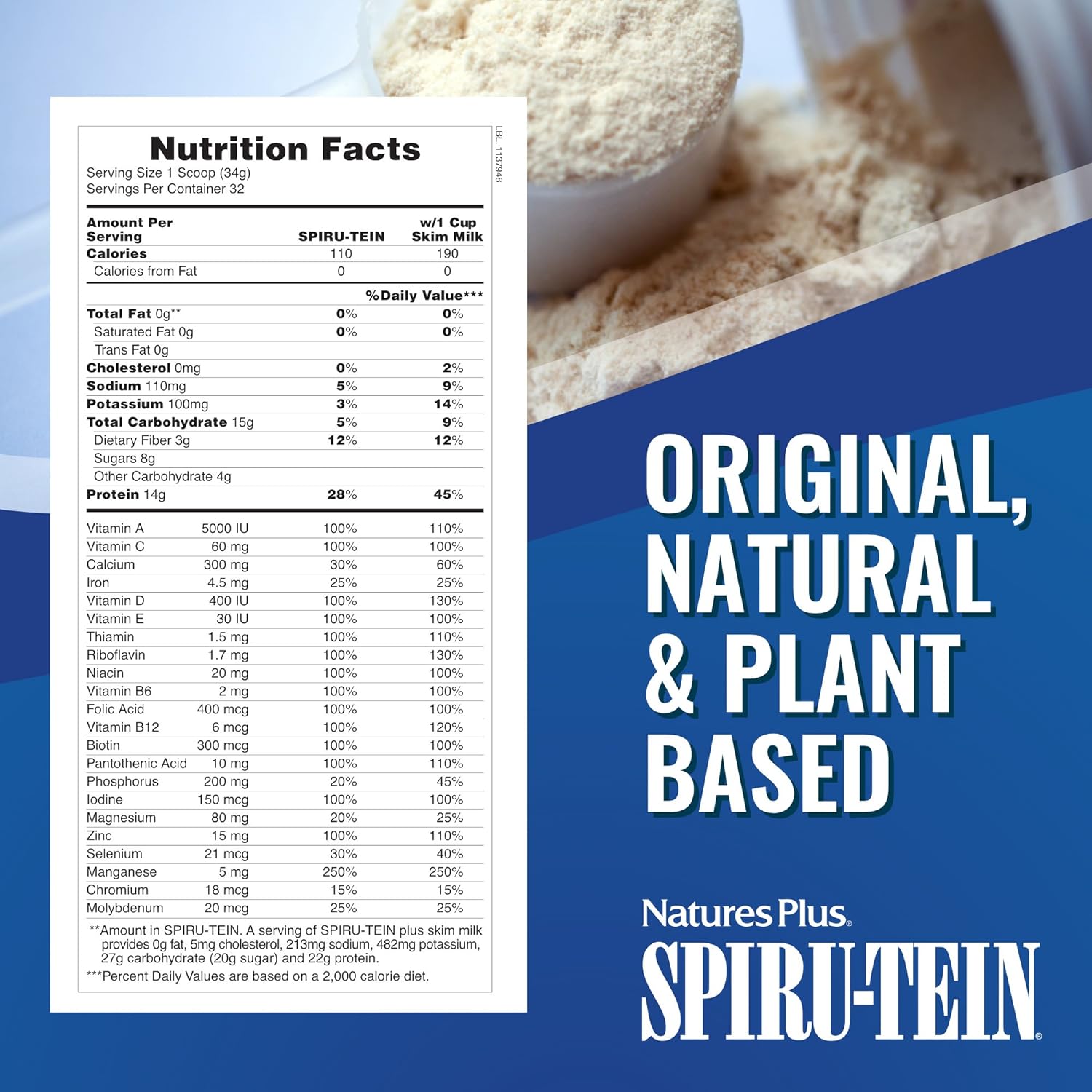 NaturesPlus SPIRU-TEIN Shake - Banana Flavor - 2.4 lbs, Spirulina Prot