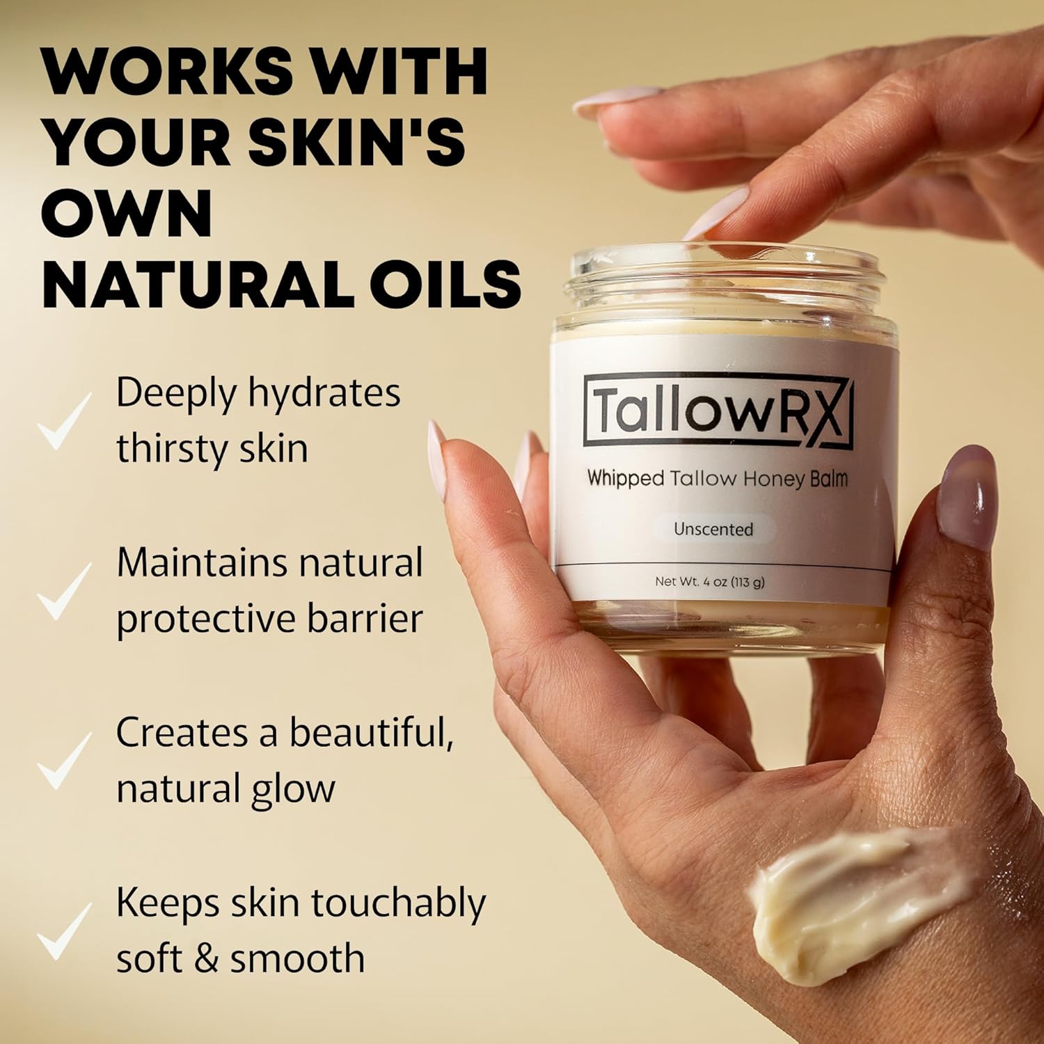 100% Grass-Fed Beef Tallow For Skin – Whipped Tallow Honey Balm, Pure & Organic Moisturizer For Face & Body With Manuka Honey, Jojoba & Calendula – Deep Hydration & Soothing (4 Oz, Vanilla Scented)