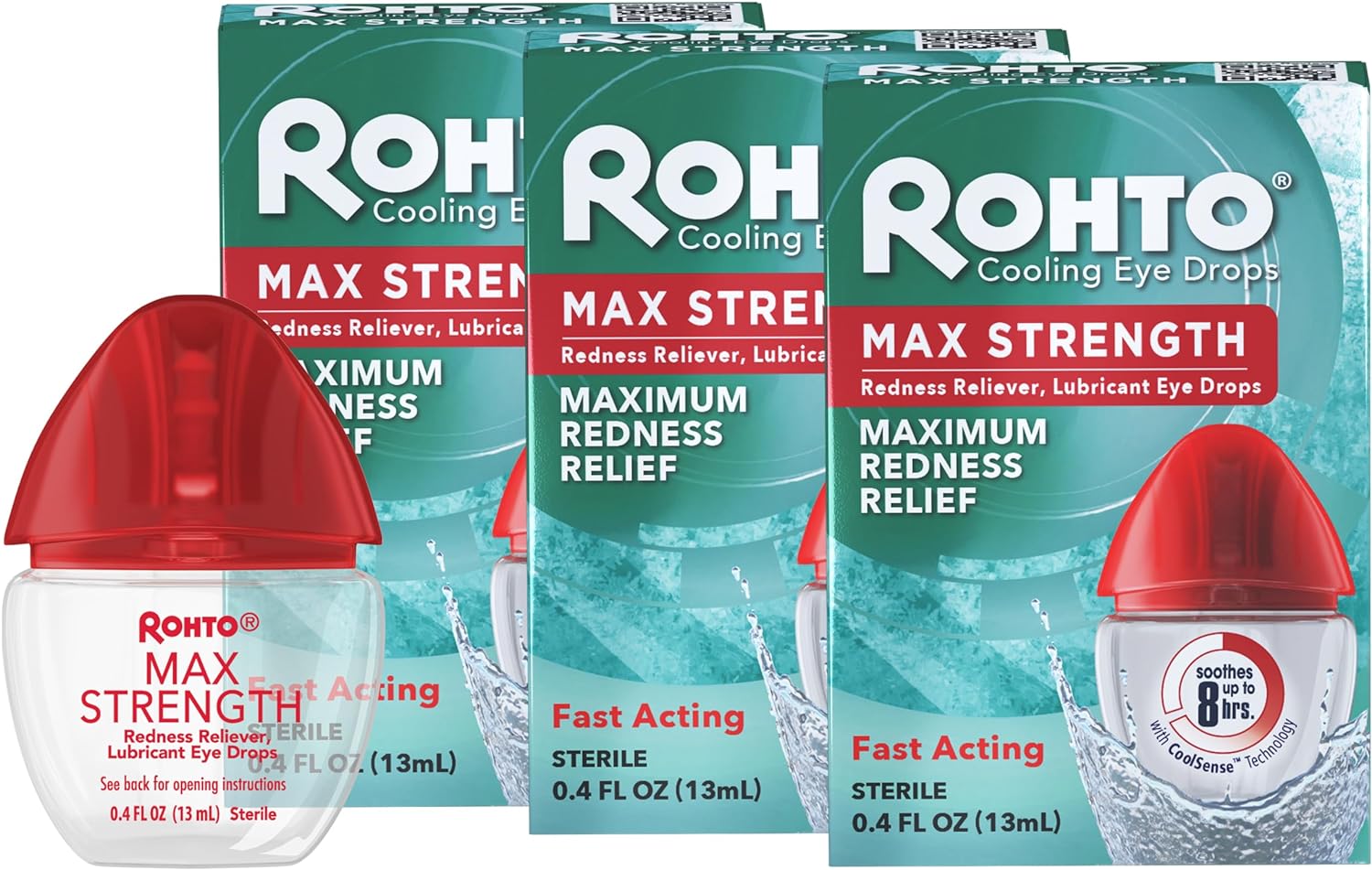 Rohto Max Strength Redness Reliever, Lubricant Eye Drops, Fast, Cooling Relief for Red, Dry, Itchy Eyes,Redness and Dry Eye Symptom Relief, Refreshing Eye Drops, 0.4 fl oz (3 Pack)