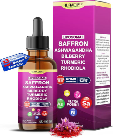 Liposomal Saffron, Ashwagandha, Bilberry, Turmeric, Rhodiola Liquid Drops – 1000Mg Per Serving, Ultra Potent, Natural Taste, Usa Made & Lab Tested – 2 Fl Oz (60Ml)