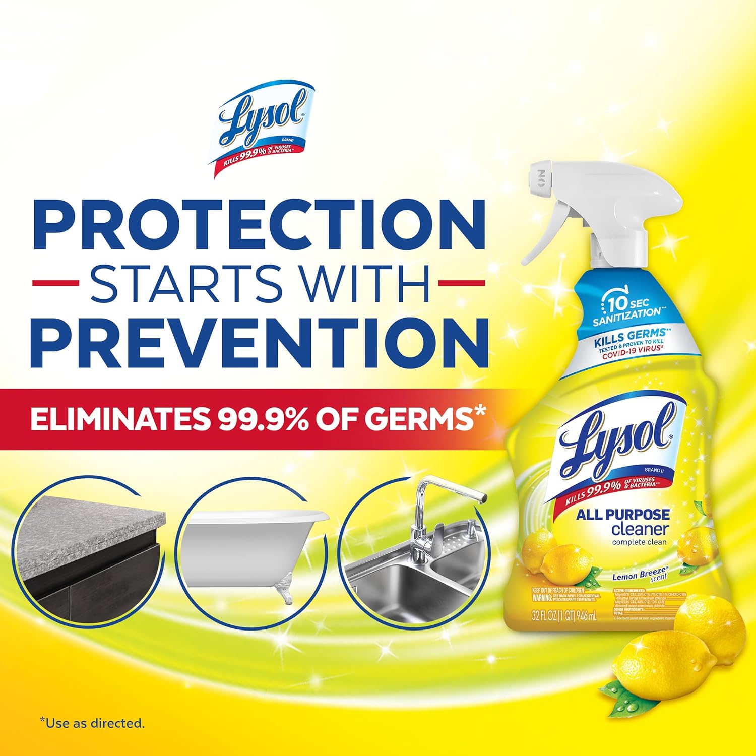 Lysol All-Purpose Cleaner, Sanitizing And Disinfecting Spray, To Clean And Deodorize, Lemon Breeze Scent, 32Oz