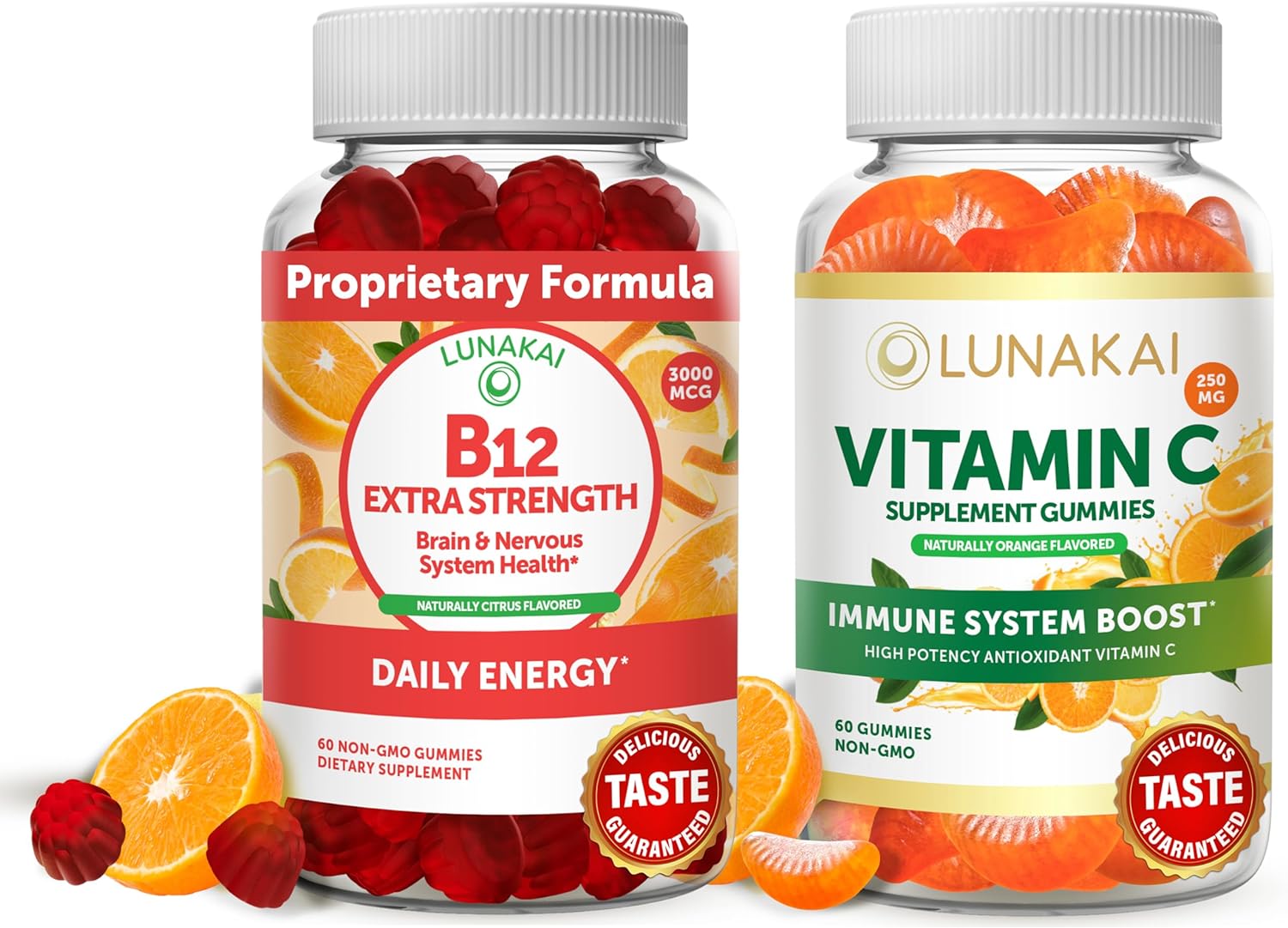 Vitamin B12 and Vitamin C Gummies Bundle - Non-GMO, Gluten Free, No Corn Syrup, All Natural Supplements- 60 ct Vitamin B12 Gummies and 60 ct Vitamin C Gummies - 30 Days Supply