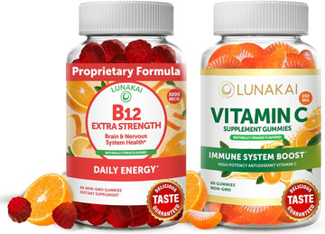 Vitamin B12 and Vitamin C Gummies Bundle - Non-GMO, Gluten Free, No Corn Syrup, All Natural Supplements- 60 ct Vitamin B12 Gummies and 60 ct Vitamin C Gummies - 30 Days Supply