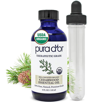 Pura D'Or Organic Cedarwood Essential Oil (4Oz With Glass Dropper) 100% Pure & Natural Therapeutic Grade For Hair, Body, Skin, Aromatherapy Diffuser, Relaxation, Massage, Odors, Home, Diy Soap