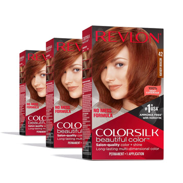 Revlon Colorsilk Beautiful Color Permanent Hair Color, Long-Lasting High-Definition Color, Shine & Silky Softness With 100% Gray Coverage, Ammonia Free, 42 Medium Auburn, 3 Pack