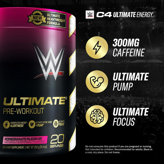 Cellucor C4 Ultimate X Wwe Pre Workout Powder Pomegranate Piledriver - Sugar Free Preworkout Energy Supplement For Men & Women - 300Mg Caffeine + 3.2G Beta Alanine + Patented Creatines - 20 Servings