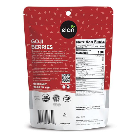 Elan Organic Dried Goji Berries, 4.9 Oz, Sulphite-Free, Non-Gmo, Vegan, Gluten-Free, Kosher, Wolfberries, Healthy Snacks, Dried Fruit Snacks, Superfood