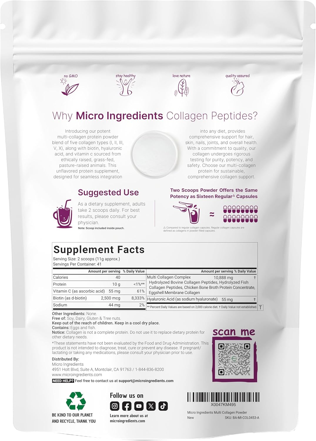 Micro Ingredients Multi Collagen Peptides Powder, 2Lb | Type I, Ii, Iii, V, X + Biotin, Vitamin C & Hyaluronic Acid | Unflavored | Supports Hair, Skin & Joint Health | Keto, Non-Gmo : Health & Household