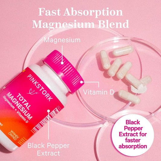 Pink Stork Magnesium Supplement For Women With Vitamin D - Mood, Natural Calm & Energy Levels - Digestion, Heartburn, & Constipation Support For Pregnancy - Breastfeeding Friendly - 60 Capsules