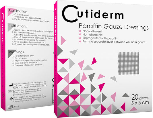 Pack Of 20 Cutiderm Sterile Paraffin Gauze Dressing 5Cm X 5Cm - Suitable For Superficial And Partial Thickness Burns, Skin Loss Wounds, Abrasions And Traumatic Injuries