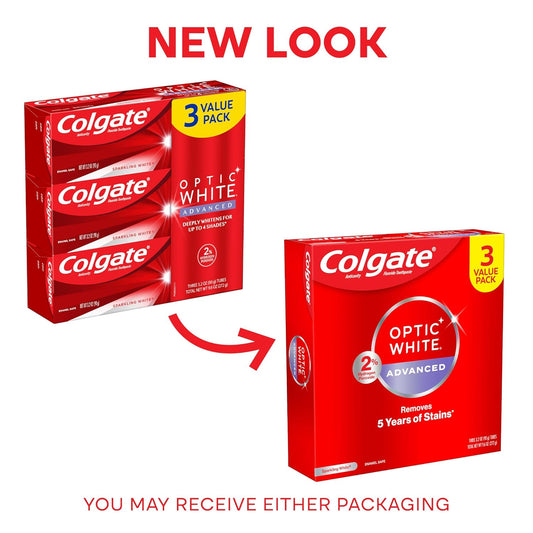 Colgate Optic White Advanced Hydrogen Peroxide Toothpaste, Teeth Whitening Toothpaste Pack, Enamel-Safe Formula, Helps Remove Tea, Coffee, And Wine Stains, Sparkling White, 3 Pack, 3.2 Oz