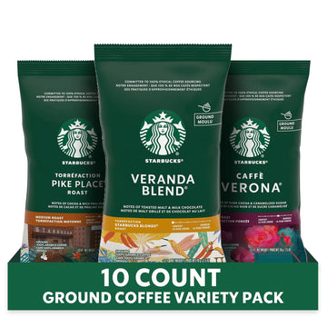 Starbucks Ground Coffee Variety Pack, Dark, Medium, Starbucks Blonde Roast, 100% Arabica, 10 Packets (2.5 Oz Each)