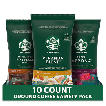 Starbucks Ground Coffee Variety Pack—Dark, Medium, Starbucks Blonde Roast—100% Arabica—10 Packets (2.5 oz each)