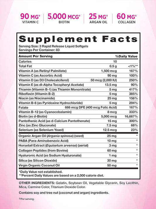 Nature'S Truth Hair, Skin & Nails Vitamins | 5000Mcg | 250 Softgels | Includes Collagen, Biotin And Coconut Oil | Non-Gmo & Gluten Free Supplement For Women And Men