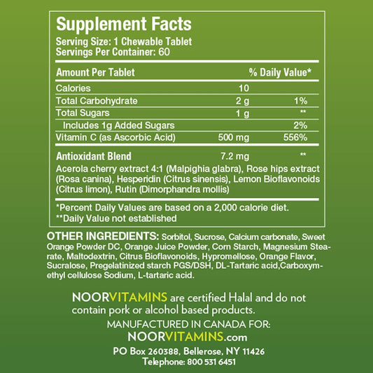 Noor Vitamins 500 MG Halal Vitamin C Chewable Tablets + Rose HIPS and Antioxidants I Supports Immune System I Vegan, Gluten Free & Halal Vitamin 60 Orange Flavored Chewable Tablets I 2 Month Supply