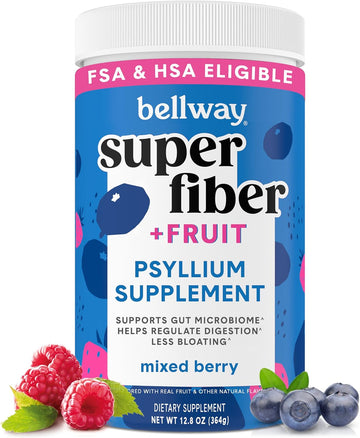 Bellway Super Fiber Powder + Fruit, Sugar Free Organic Psyllium Husk Powder Fiber Supplement For Regularity, Bloating Relief & Digestive Health, Plant-Based, Mixed Berry (50 Servings)