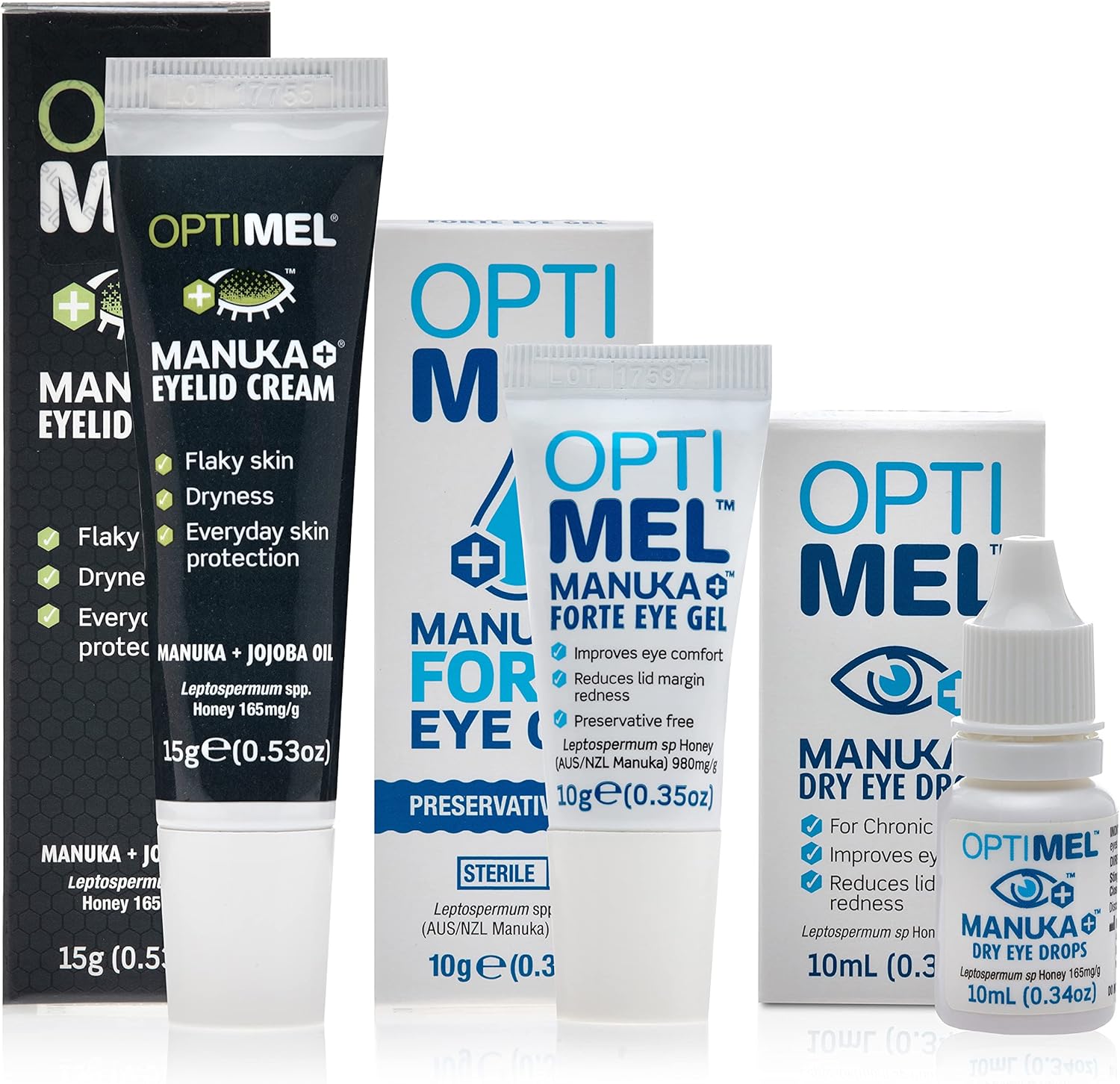 Optimel Manuka Honey Eye Treatment Bundle - Eye Drops, Gel & Eyelid Cream - Dry Eye Itchy Flaky Skin Treatment & Relief - Blepharitis, Corneal - Eczema & Dermatitis, White