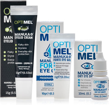 Optimel Manuka Honey Eye Treatment Bundle - Eye Drops, Gel & Eyelid Cream - Dry Eye Itchy Flaky Skin Treatment & Relief - Blepharitis, Corneal - Eczema & Dermatitis, White