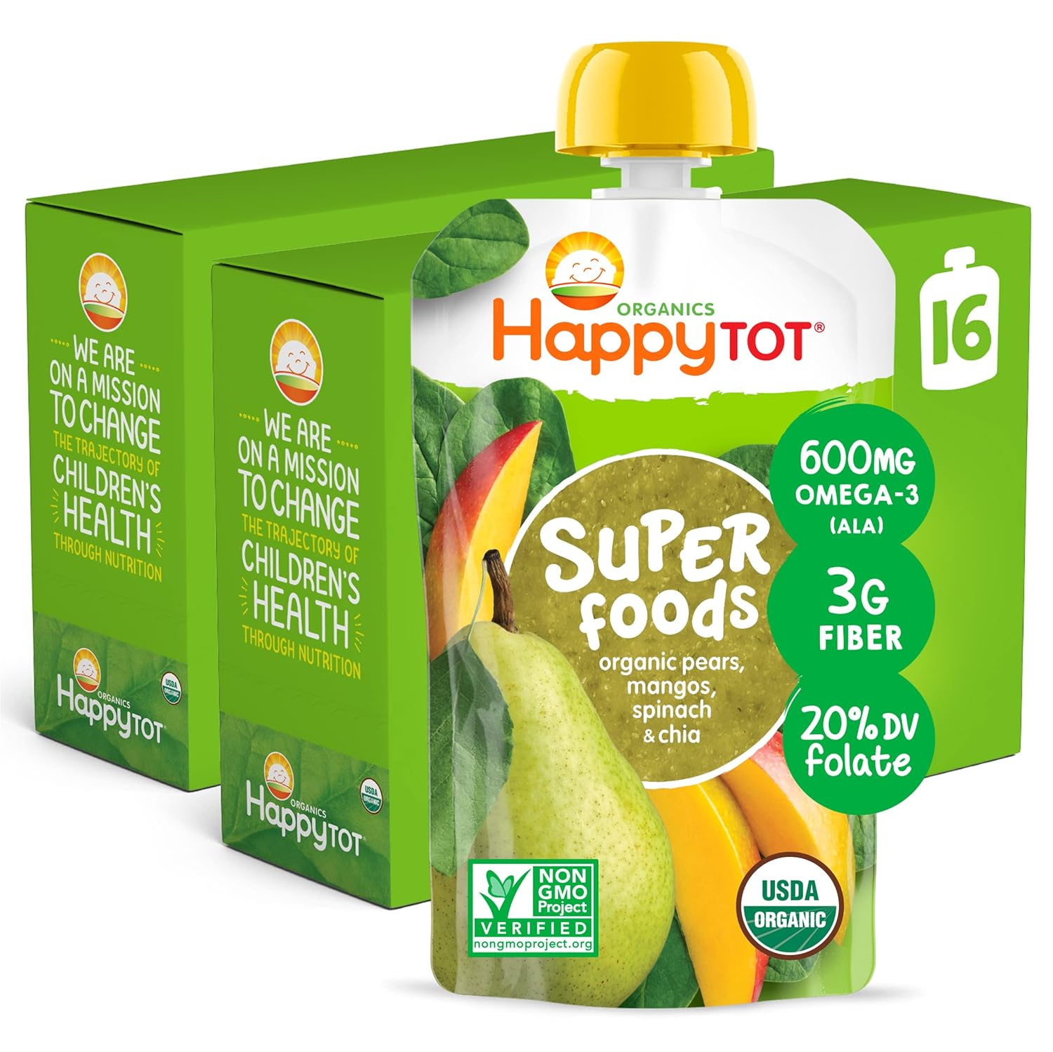 Happytot Organics Super Foods Stage 4, Pears, Mangos And Spinach + Super Chia, 4.22 Ounce Pouch (Pack Of 16) Packaging May Vary