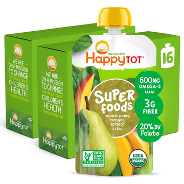 Happytot Organics Super Foods Stage 4, Pears, Mangos And Spinach + Super Chia, 4.22 Ounce Pouch (Pack Of 16) Packaging May Vary