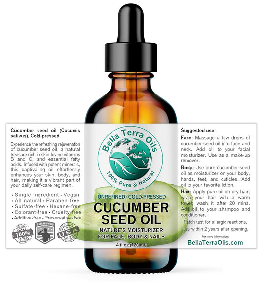 Bella Terra Oils - Cucumber Seed Oil 4 oz - Embrace the Essence of Cucumber, Rich in Linoleic Acid & Phytosterols, Elevate Your Face and Skin Routine