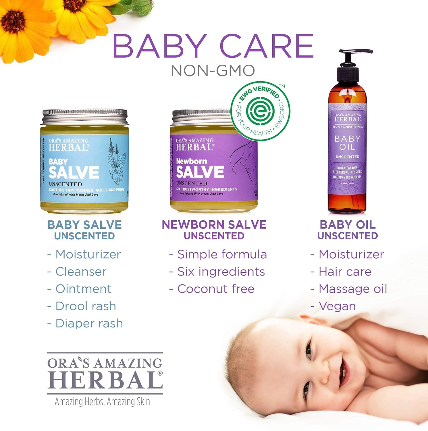 New Mom and Baby Natural Skincare Set, Natural Baby Oil, Newborn Salve, Peppermint Field Ultra Healing Body Butter for Mama's Belly, and Soothing Earl Grey Lip Balm, Ora’s Amazing Herbal : Baby