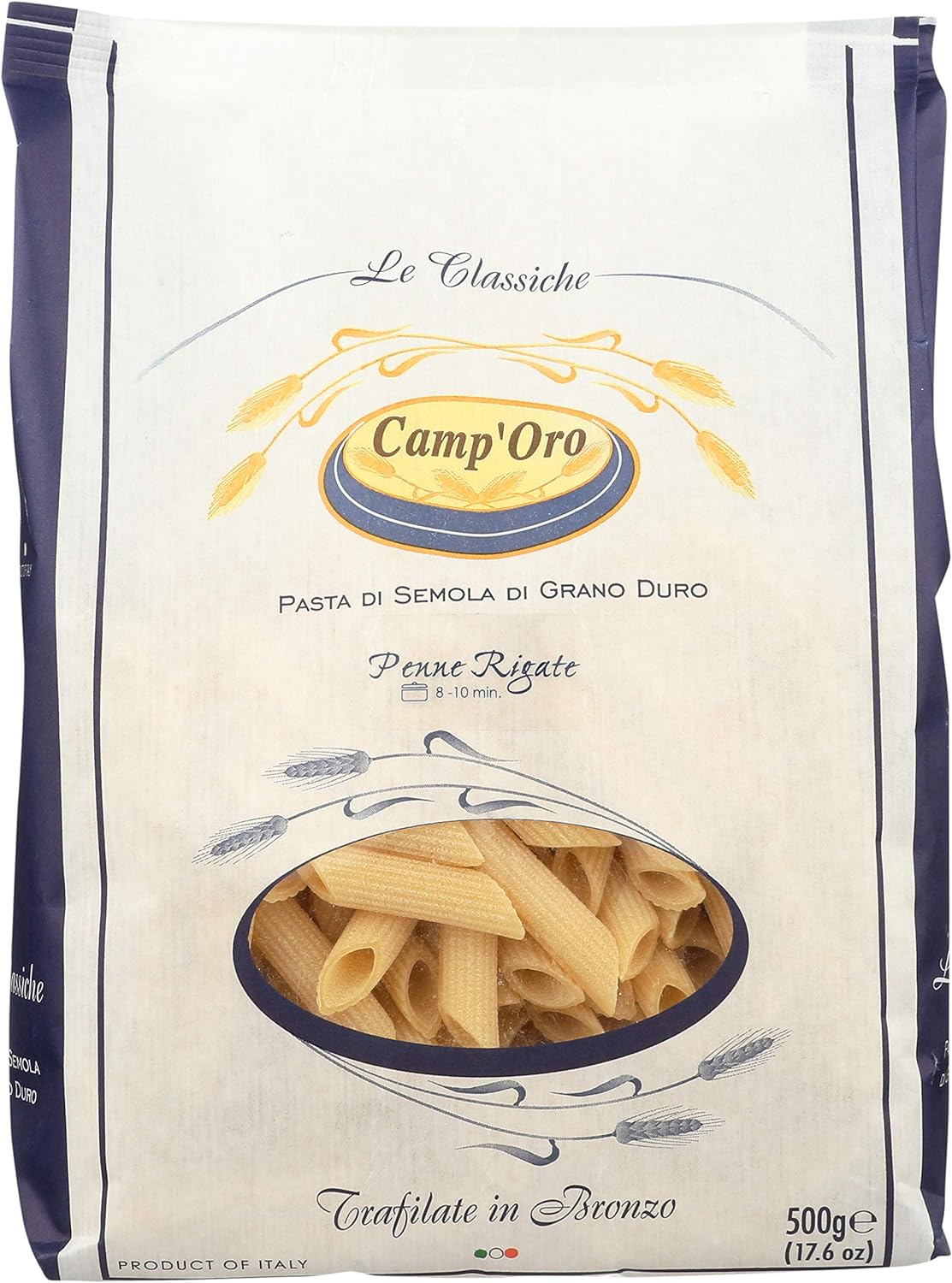 Camp'Oro Le Classiche: Authentic Bronze Die Cut Penne Rigate Italian Pasta - 17.6 Ounce (Pack of 12)