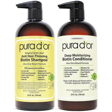 Pura D'Or Anti-Thinning Biotin Shampoo And Conditioner Original Gold Label Set (24 Oz X2) Natural Earthy Scent, Clinically Tested Proven Results, Dht Blocker Thickening Products For Women & Men