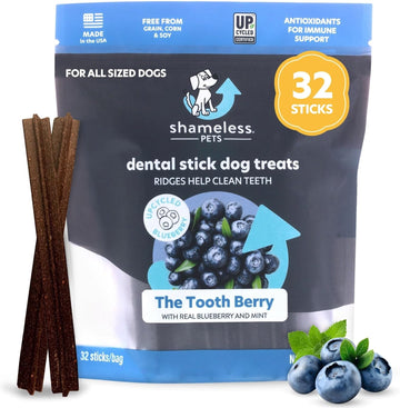 Shameless Pets Dental Treats for Dogs, The Tooth Berry (32 Sticks) - Dental Sticks with Immune Support for Teeth Cleaning & Fresh Breath - Dog Bones Dental Chews Free from Grain, Corn & Soy