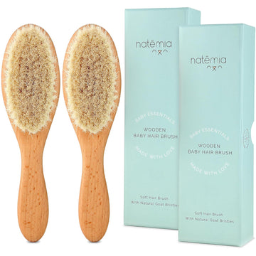 Natemia Soft Bristle Baby Hair Brush Set - 2 Pack Wooden Brushes For Newborns, Toddlers, And Baby Registry Gift