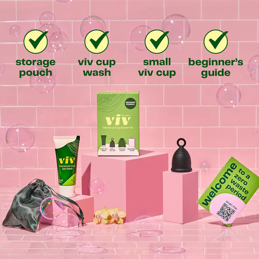 Viv For Your V Menstrual Cup Starter Kit | 1 Small Menstrual Cup, 1 Gel Cup Wash, 1 Travel Pouch, & 1 Starter Guide | Beginner Friendly | Medical Grade Silicone Period Cup with Ring for Easy Removal